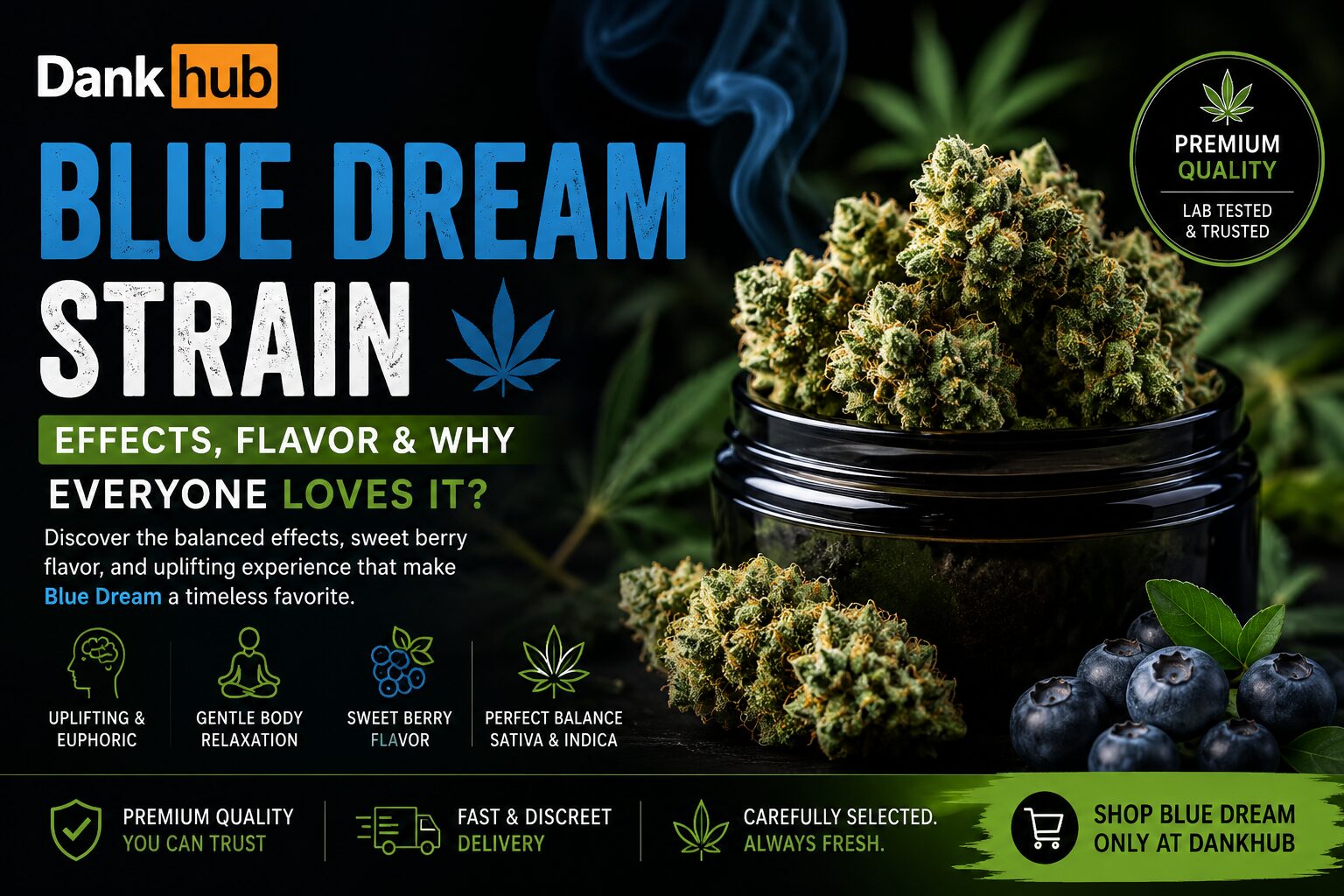 Blue Dream strain cannabis blog banner by Dankhub featuring premium Blue Dream buds, fresh blueberries, and information about its effects, flavor, and balanced hybrid experience.