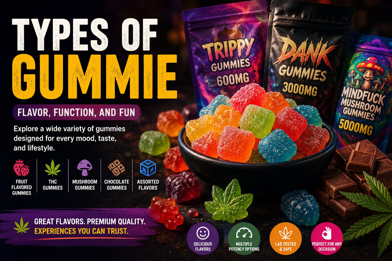 Types of Gummie Products THC, Fruit & Mushroom Gummies